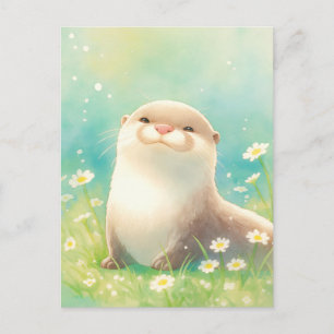 Carte Postale Loutre Aquarelle Douce Marguerite Blanche