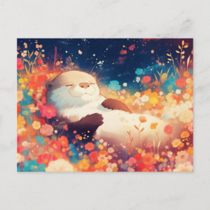 Carte Postale Loutre aquarelle fleurie paradisiaque prairie