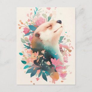 Carte Postale Loutre bienheureuse dans un jardin floral rose