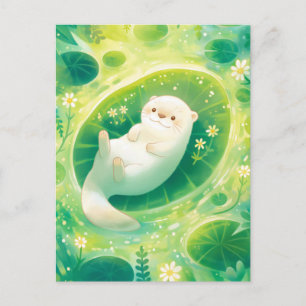 Carte Postale Loutre blanche fantaisiste sur un nénuphar vert