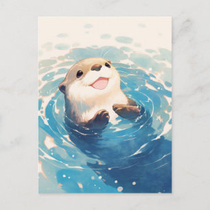 Carte Postale Loutre de mer heureuse à l'aquarelle nageant