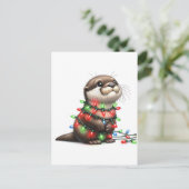 Carte Postale Loutre de Noël adorable enveloppée de lumières (Debout devant)