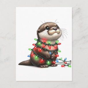 Carte Postale Loutre de Noël adorable enveloppée de lumières