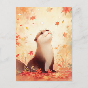 Carte Postale Loutre Fantaisiste dans les Feuilles d'Automne