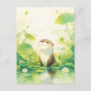 Carte Postale Loutre Fantaisiste dans l'étang de lys vert