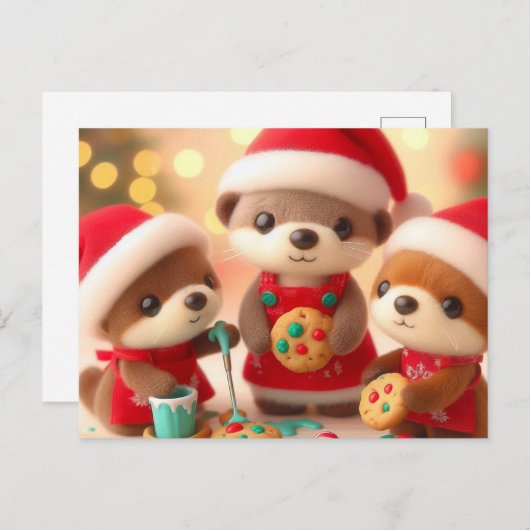 Carte Postale Loutres Adorables Décorent des Biscuits de Noël (Devant / Derrière)