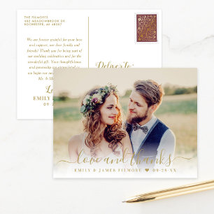 Carte Postale Love and Thanks Gold Mariage Photo Merci