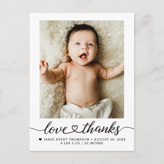 Carte Postale Love and Thanks heart script Photo Birth stars (Devant)