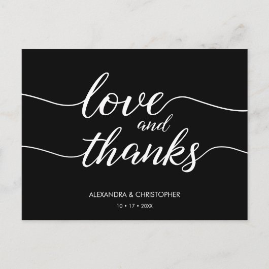 Carte Postale Love and Thanks Script Mariage noir et blanc (Devant)