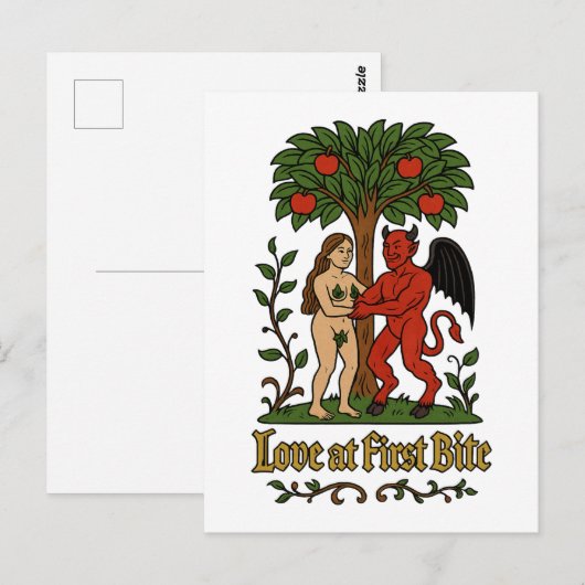 Carte Postale Love at First Bite - Medieval Devil & Eve Meme (Devant / Derrière)