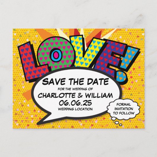Carte Postale LOVE Save the Date Fun Retro Comic Book Pop Art (Devant)