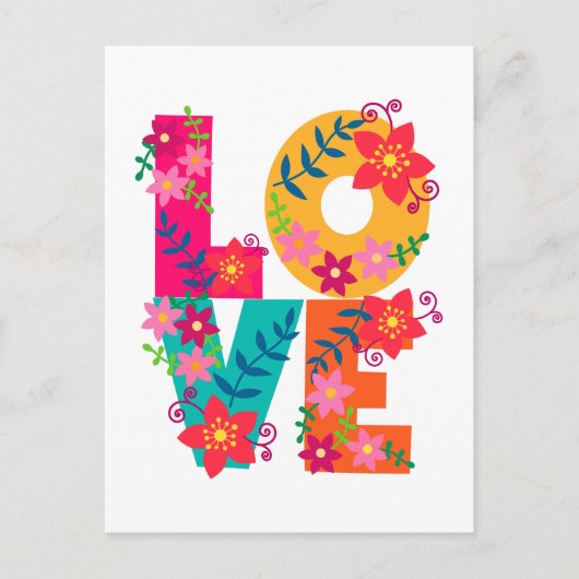 Carte Postale LOVE typographie clipart, design floral (Devant)