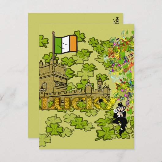 Carte Postale Lucky Leprechaun et son château irlandais (Devant / Derrière)