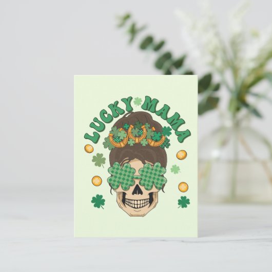 Carte Postale Lucky Mama Skeleton avec Clovers et Horseshoes (Debout devant)