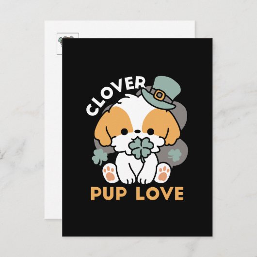 Carte Postale Lucky Pup with Clover - St. Patrick's Day Cadeau (Devant / Derrière)