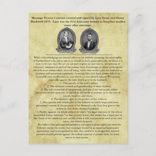 Carte Postale Lucy Stone Henry Blackwell Contrat de mariage (Devant)