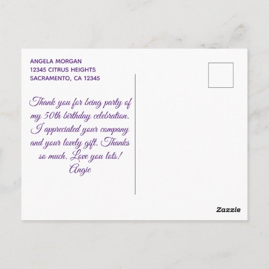 Carte Postale Lumière Pailletée Violet Clair Feuille 50e Anniver (Dos)