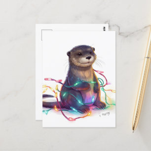 Carte Postale Lumières de Noël de la loutre adorable AI