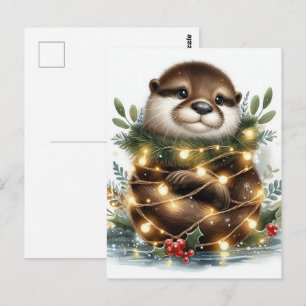Carte Postale Lumières de Noël de loutre à l'aquarelle