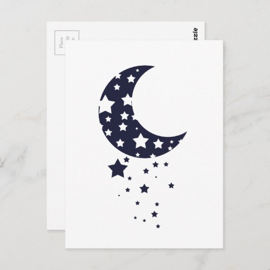 Carte Postale Lune bleu foncé et étoiles silhouette ciel magique (Devant / Derrière)