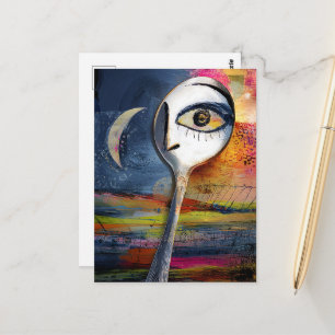 Carte Postale Lune et cuillère surréalistes avec collage de visa