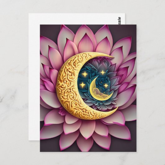 Carte Postale Lune et étoiles Lotus Fleur Création (Devant / Derrière)