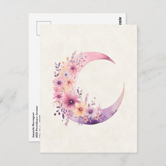 Carte Postale Lune rose Croissant avec de jolies fleurs (Devant / Derrière)