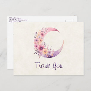 Carte Postale Lune rose Croissant avec Merci de jolies fleurs