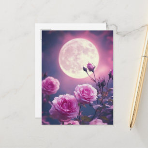 Carte Postale Lune rose enchanteresse et roses épanouies - Art f