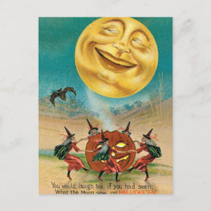 Carte Postale Lune souriante sur sorcières dansantes