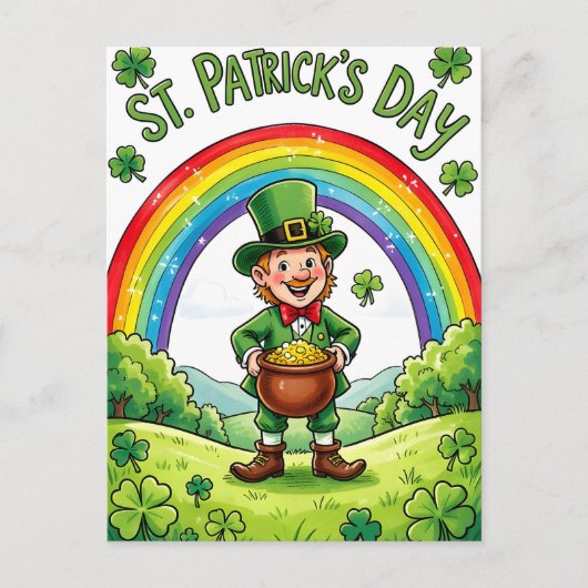 Carte Postale Lutin Gnome Fête de la Saint-Patrick Trèfle (Devant)