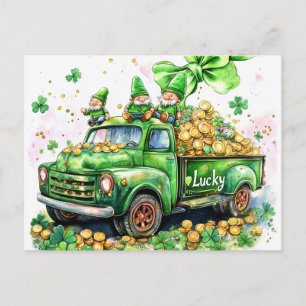 Carte Postale Lutins sur un camion plein d'or Feuilles de trèfl