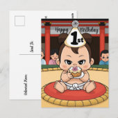 Carte Postale lutteur de sumo bébé 1er anniversaire (Devant / Derrière)