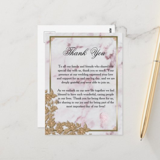Carte Postale Luxe Mariage en marbre rose et perles (Devant/Arrière en situation)