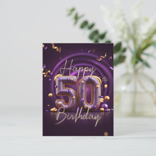 Carte Postale Luxueux Glamour Violet et Or 50e Anniversaire (Debout devant)