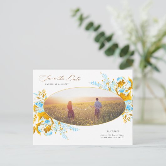 Carte Postale luxueux or turquoise floral enregistrer la date po (Debout devant)