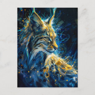 Carte Postale lynx bobcat baigné dans une lumière néon bleu jaun