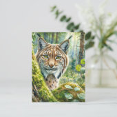 Carte Postale Lynx dans l'aquarelle de la forêt verte luxuriante (Debout devant)