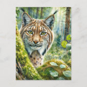 Carte Postale Lynx dans l'aquarelle de la forêt verte luxuriante (Devant)