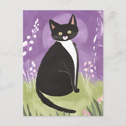 Carte Postale M. Chonk | Aquarelle violette Tuxedo Cat (Devant)