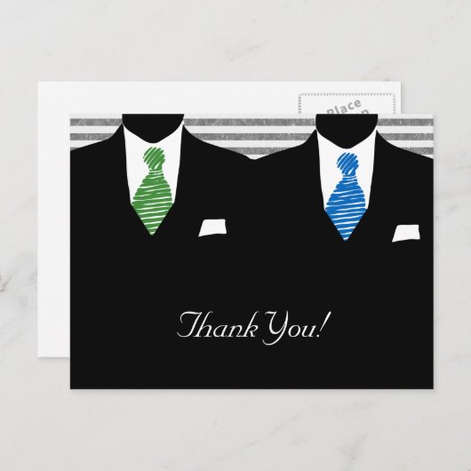 Carte Postale M. et M. Suit et Cravate Gay Mariage Merci (Devant / Derrière)