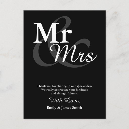 Carte Postale M&Mme Simple Elegant Typographie Mariage Merci (Devant)