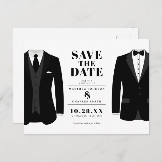 Carte Postale M. & Mr. Modern Black Mariage Tux - Enregistrer la (Devant / Derrière)