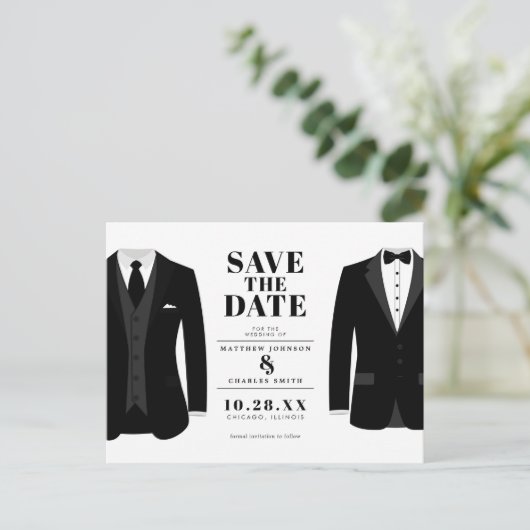 Carte Postale M. & Mr. Modern Black Mariage Tux - Enregistrer la (Debout devant)