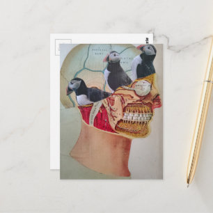 Carte Postale Macareux dans le cerveau Collage de médias mixtes 