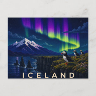 Carte Postale Macareux sur une falaise sous l'aurore Islande i