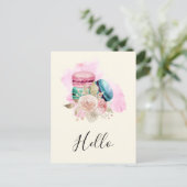 Carte Postale Macarons et fleurs colorés Aquarelle Bonjour (Debout devant)
