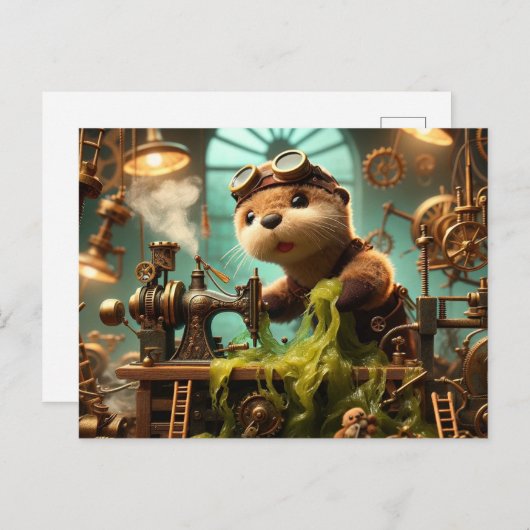 Carte Postale Machine à coudre à vapeur Plush Steampunk Otter (Devant / Derrière)