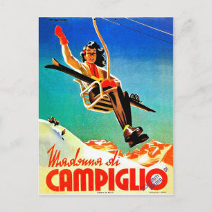 Carte Postale Madonna di Campiglio, femme en ski, vintage
