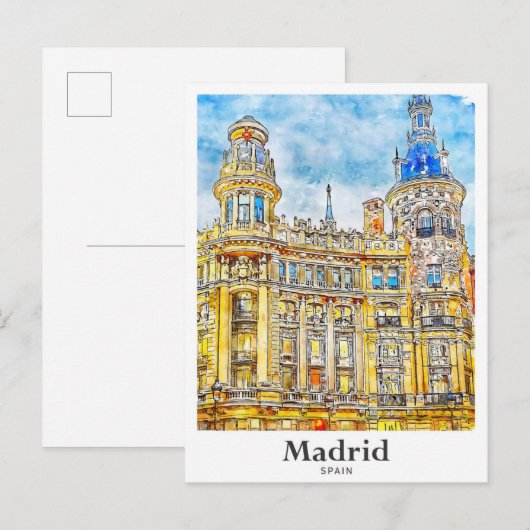 Carte Postale Madrid Espagne Voyage Aquarelle main tiré (Devant / Derrière)